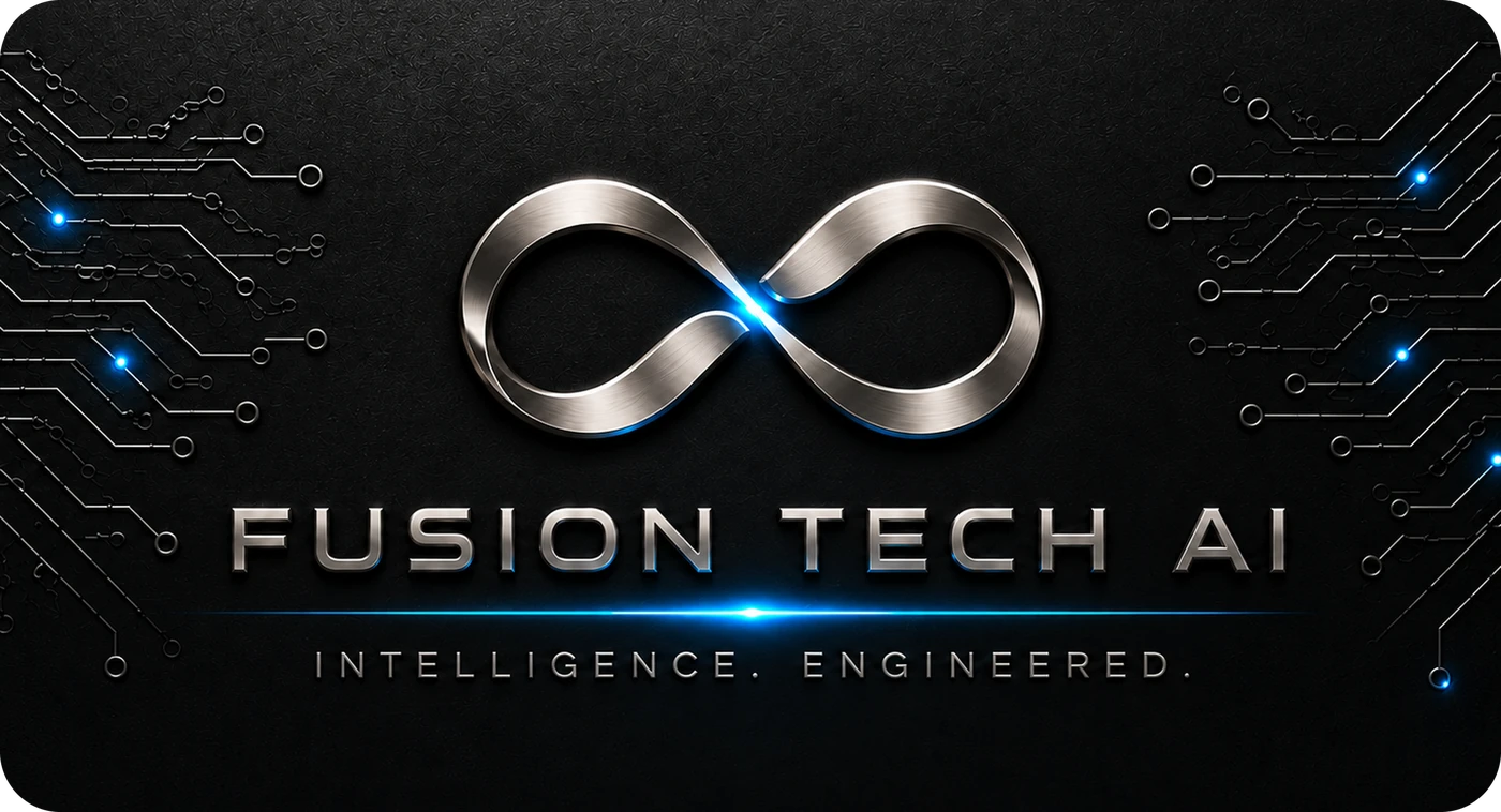 Fusion Tech AI business card front: the silver infinity logo, Fusion Tech AI, Intelligence. Engineered.