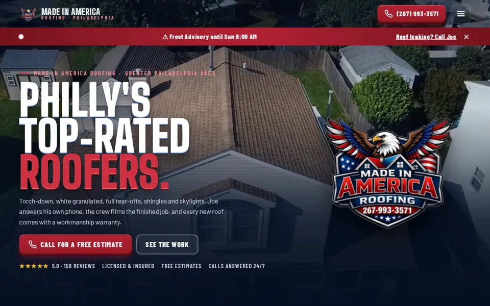 Made in America Roofing website home page